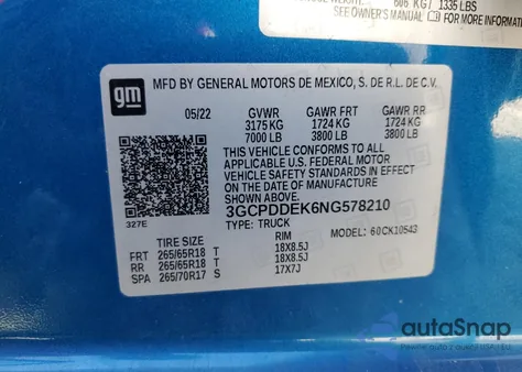 2022 Chevrolet Silverado K1500 Lt из США, поврежденный, VIN 3GCPDDEK6NG578210